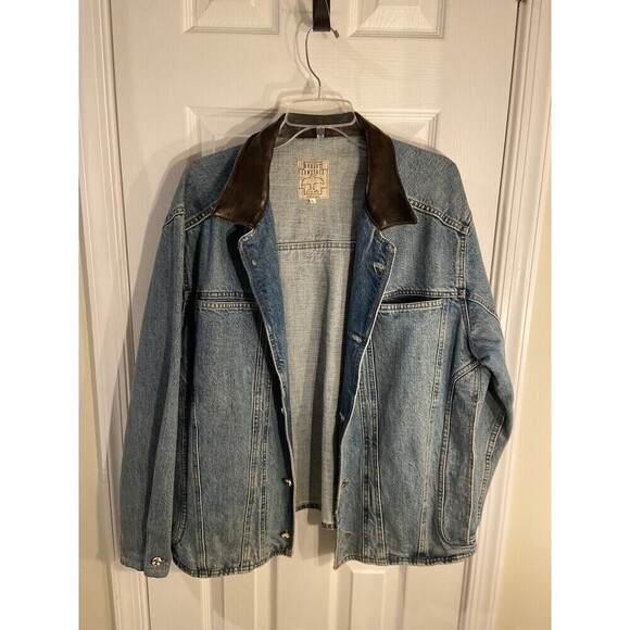 Robert Comstock Denim Jacket Mens Large Blue Leather Collar Made in Italy - Picture 2 of 15